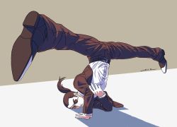 Rule 34 | 1boy, aged down, artist name, bad id, bad twitter id, belt, belt buckle, black pants, black suit, breakdance, buckle, dancing, dress shirt, eyepatch, formal, hand on ground, highres, kicking, majima goro, male focus, one-eyed, open clothes, pants, ponytail, ryuu ga gotoku (series), ryuu ga gotoku 0, shirt, signature, sue sue trainex, suit, white shirt