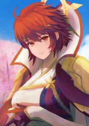Rule 34 | 1girl, ahoge, black gloves, breasts, cherry blossoms, closed mouth, commentary request, fire emblem, fire emblem fates, fire emblem heroes, gloves, hair between eyes, high collar, highres, hinoka (fire emblem), hinoka (thundering wings) (fire emblem), labebebe lee, large breasts, looking at viewer, nintendo, own hands together, petals, red eyes, red hair, short hair, solo