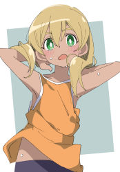 Rule 34 | 1boy, arms behind head, blonde hair, blush, commentary, copyright request, dark-skinned female, dark-skinned male, dark skin, green background, green eyes, hair between eyes, inazuma eleven, inazuma eleven (series), ixy, looking at viewer, male focus, miyasaka ryou, open mouth, short hair, sleeveless, sweat, trap, two-tone background, white background