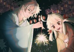 Rule 34 | 1boy, 1girl, absurdres, ahoge, albedo (genshin impact), alternate costume, blonde hair, blue eyes, blurry, blurry background, cherry blossoms, cisforchildecm, festival, fireworks, floral print, genshin impact, hair between eyes, highres, holding, holding fireworks, japanese clothes, kimono, klee (genshin impact), looking at another, low twintails, night, open mouth, pointy ears, red eyes, short ponytail, sidelocks, smile, twintails, upper body, yukata