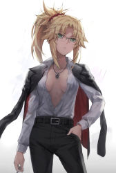 Rule 34 | 1girl, belt, black jacket, black pants, blonde hair, braid, breasts, center opening, collared shirt, dress shirt, ear piercing, fate/apocrypha, fate (series), french braid, glasses, green eyes, hair ornament, hair scrunchie, highres, jacket, jacket on shoulders, long hair, long sleeves, looking at viewer, mordred (fate), mordred (fate/apocrypha), pants, parted bangs, partially unbuttoned, piercing, ponytail, scrunchie, shirt, sidelocks, small breasts, solo, tonee, underwear, wet, wet clothes, white shirt
