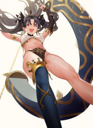 Rule 34 | 1girl, absurdres, ame (uten cancel), bikini, black hair, cameltoe, fate (series), feet out of frame, gold, highres, ishtar (fate), looking at viewer, looking down, low angle, midriff, open mouth, red eyes, smile, solo, swimsuit, tiara, twintails