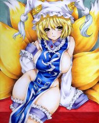 Rule 34 | 1girl, absurdres, animal hat, arm support, bare shoulders, blonde hair, blue legwear, blue tabard, breasts, closed mouth, detached sleeves, eyelashes, fox girl, fox tail, frilled legwear, groin, hair between eyes, hand up, hat, highres, hmdark-9, large breasts, long sleeves, looking at viewer, mob cap, multiple tails, naked tabard, shiny skin, short hair, sideboob, sitting, sleeves past fingers, sleeves past wrists, smile, solo, tabard, tail, thick thighs, thigh strap, thighs, touhou, traditional media, white hat, wide hips, yakumo ran, yellow eyes