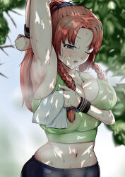 Rule 34 | 1girl, absurdres, arm up, armband, armpits, blurry, blurry background, braid, breasts, cleavage, commentary, dappled sunlight, day, green tank top, highres, holding, holding towel, hong meiling, huge breasts, large breasts, looking down, midriff, navel, one eye closed, open mouth, orange hair, outdoors, parted bangs, plant, ponytail, presenting armpit, shade, solo, sportswear, sunlight, sweat, tank top, touhou, towel, twin braids, upper body, wiping sweat, yahow