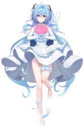 Rule 34 | 1girl, absurdres, alternate costume, bare legs, blue hair, bouquet, bridal garter, bridal veil, choker, commentary, elbow gloves, feathers, flower, ganyu (genshin impact), genshin impact, gloves, highres, holding, holding bouquet, horns, long hair, looking at viewer, muu maa muu, pink flower, pink rose, purple eyes, rose, shoes, solo, thighs, veil, very long hair, white footwear, white gloves