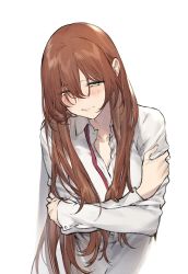 Rule 34 | 1girl, absurdres, artist name, blush, brown hair, closed mouth, collarbone, crying, crying with eyes open, dress shirt, duoyuanjun, eyes visible through hair, girls&#039; frontline, green eyes, hair between eyes, hair over one eye, half-closed eyes, head tilt, highres, long hair, long sleeves, sad, self hug, shirt, sidelocks, simple background, sleeve cuffs, solo, springfield (girls&#039; frontline), teardrop, tearing up, tears, unbuttoned, unbuttoned shirt, upper body, white background