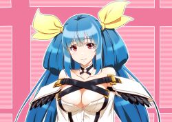 Rule 34 | bare shoulders, belt, black choker, breasts, choker, cleavage, closed mouth, collarbone, detached collar, detached sleeves, dizzy (guilty gear), guilty gear, guilty gear xrd, hair ribbon, hair rings, large breasts, long hair, looking at viewer, orochi (namashiba), pink background, ribbon, simple background, smile, twintails, upper body, yellow ribbon