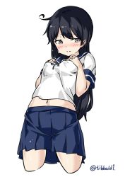 Rule 34 | 10s, 1girl, ahoge, bad id, bad twitter id, black hair, blue skirt, blush, breasts, closed mouth, covered erect nipples, cowboy shot, cropped legs, ebifurya, eyebrows, grey eyes, hands on own chest, highres, inactive account, kantai collection, long hair, looking away, medium breasts, navel, no bra, nose blush, pleated skirt, school uniform, serafuku, short sleeves, simple background, skirt, solo, stomach, twitter username, ushio (kancolle), white background