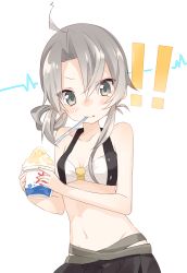 Rule 34 | !, !!, 10s, 1girl, absurdres, ahoge, angry, asymmetrical hair, bare shoulders, bikini, blush, brain freeze, breasts, flipped hair, food, grey eyes, highres, kantai collection, long hair, looking at viewer, navel, nowaki (kancolle), orqz, shaved ice, silver hair, simple background, small breasts, solo, swept bangs, swimsuit, upper body, utensil in mouth, white background