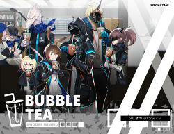 Rule 34 | 1other, 2boys, 4girls, amiya (arknights), animal ears, arknights, bow (weapon), bubble tea, doctor (arknights), drinking, drinking straw, durin (arknights), dwarf, english text, furry, furry male, gas mask, highres, hood, hooded jacket, horns, jacket, jell (jell y fish), lizardman, long sleeves, mask, mouth mask, multiple boys, multiple girls, noir corne (arknights), oni, oni horns, orchid (arknights), rabbit ears, rangers (arknights), scarf, weapon, yato (arknights)