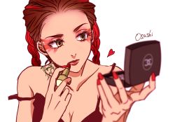 Rule 34 | 1girl, apex legends, applying makeup, artist name, bare shoulders, black tank top, breasts, brown hair, cleavage, collarbone, cosmetics, eyelashes, eyeshadow, fingernails, forehead, gradient background, hair behind ear, hand mirror, highres, holding, holding lipstick tube, holding mirror, lipstick, lipstick tube, loba (apex legends), long fingernails, long hair, looking at mirror, makeup, mascara, medium breasts, mirror, nail polish, osushimax, parted lips, red eyeshadow, red hair, red lips, lipstick tube, red nails, shoulder tattoo, simple background, solo, strap slip, tank top, tattoo, twintails, upper body, white background, yellow eyes