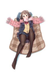 Rule 34 | 1girl, black jacket, black pantyhose, blue skirt, blush, bow, bowtie, breasts, breath, brown eyes, brown hair, buttons, closed mouth, earmuffs, female focus, full body, futon, happy, head tilt, highres, jacket, knee up, long hair, long sleeves, looking at viewer, lying, matching hair/eyes, miniskirt, nose blush, on back, open clothes, open jacket, original, panties, panties under pantyhose, pantyhose, pillow, plaid, plaid scarf, plaid skirt, pleated skirt, pocket, red bow, red bowtie, red scarf, revision, scarf, school uniform, see-through, shapoco, shiny clothes, sidelocks, simple background, skirt, small breasts, smile, solo, sweater, underwear, upskirt, white background, white panties, winter clothes, yellow sweater