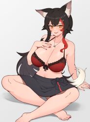Rule 34 | 1girl, :d, animal ear fluff, animal ears, barefoot, black hair, black skirt, bra, braid, breasts, brown eyes, fang, hair ornament, hand on own chest, highres, hololive, indian style, jewelry, large breasts, long hair, looking at viewer, multicolored hair, nail polish, necklace, ookami mio, ookami mio (street), open mouth, red bra, red hair, red nails, sitting, skirt, smile, solo, streaked hair, tail, toenail polish, toenails, underwear, varniskarnis, virtual youtuber, wolf ears, wolf tail, x hair ornament