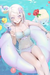 Rule 34 | 1girl, bikini, breasts, cleavage, flower, food, hair ornament, highres, ice cream, innertube, legs together, looking at viewer, medium breasts, nacchan (ohisashiburi), navel, ohisashiburi, original, parted bangs, pink eyes, ribbon, rubber duck, see-through, silver hair, smile, solo, swim ring, swimsuit, tongue, tongue out, wrist ribbon