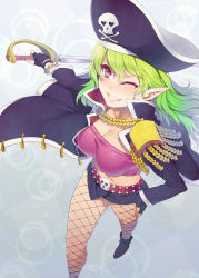 Rule 34 | 1girl, belt, breasts, cleavage, coat, epaulettes, fingerless gloves, fishnet pantyhose, fishnets, gloves, green hair, grin, hand on own hip, hat, medium breasts, midriff, miniskirt, mizuryu kei, one eye closed, original, pantyhose, pink eyes, pirate, pirate hat, pointy ears, rapier, skirt, smile, solo, strapless, sword, tube top, weapon, wind, wind lift, wink