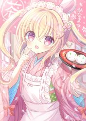 Rule 34 | 1girl, animal ears, apron, blonde hair, blush, cherry blossoms, falling petals, flower, food, frilled apron, frills, hair flower, hair ornament, hane., heart, heart hair ornament, highres, holding, holding plate, index finger raised, japanese clothes, kimono, long hair, long sleeves, looking at viewer, maid, maid headdress, mochi, moon rabbit, obi, open mouth, original, petals, pink eyes, plate, rabbit ears, rabbit girl, sash, smile, solo, spring (season), twintails, wa maid, wide sleeves