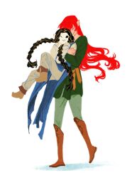 2boys alyruko black_eyes black_hair blue_tunic boots braid brown_footwear brown_pants carrying carrying_person closed_eyes commentary couple elf english_commentary face_in_hair fingon full_body gold_ribbon green_pants green_tunic hair_ribbon height_difference hug long_hair maedhros male_focus multiple_boys no_nose one_eye_closed pale_skin pants pointy_ears red_hair ribbon ribbon_braid shirt simple_background smile standing the_silmarillion tolkien&#039;s_legendarium tunic twin_braids white_background white_shirt yaoi