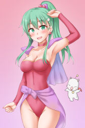 Rule 34 | 1girl, 1other, alternate costume, alternate hairstyle, anti (untea9), armpits, blush, breasts, cape, cleavage, commission, cosplay, cowboy shot, earrings, final fantasy, final fantasy vi, gradient background, green hair, highleg, highleg leotard, highres, jewelry, kantai collection, leotard, moogle, open mouth, pink background, pink leotard, pixiv commission, ponytail, smile, suzuya (kancolle), terra branford (cosplay), tina branford