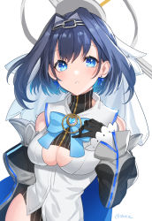 Rule 34 | 1girl, black gloves, blue bow, blue eyes, blue hair, bow, breasts, cleavage, cleavage cutout, clothing cutout, detached sleeves, gloves, hair behind ear, hair intakes, hand on own chest, highres, hololive, hololive english, kgr, medium breasts, ouro kronii, ouro kronii (1st costume), parted lips, short hair, solo, underboob, underboob cutout, virtual youtuber, white background