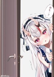 1girl black_skirt clothing_cutout collared_shirt door doorway fang frilled_hairband frills hairband highres hololive lolita_fashion lolita_hairband long_hair looking_at_viewer multicolored_hair nakiri_ayame nakiri_ayame_(girly) oni open_mouth peeking_out pink_nails pov_doorway red_eyes red_hair seta_(seta105) setsubun shirt shoulder_cutout simple_background skin_fang skirt solo streaked_hair tearing_up trembling twitter_username virtual_youtuber white_background white_hair white_shirt