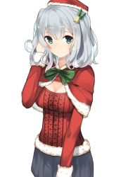 Rule 34 | 10s, 1girl, aran sweater, blue eyes, blush, breasts, cable knit, capelet, gin00, hat, highres, kantai collection, kashima (kancolle), looking at viewer, santa costume, silver hair, solo, sweater, twintails