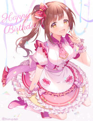 Rule 34 | 1girl, absurdres, arm support, blurry, blush, boots, bow, breasts, brown eyes, brown hair, confetti, depth of field, dress, dress bow, frilled dress, frilled ribbon, frills, hair bow, hair ribbon, hand up, happy birthday, high heel boots, high heels, highres, idolmaster, idolmaster cinderella girls, idolmaster cinderella girls starlight stage, igarashi kyoko, konase (non stop!), layered dress, long hair, looking at viewer, medium breasts, necktie, open mouth, pink bow, pink dress, pink footwear, pink necktie, pink scrunchie, polka dot, polka dot bow, puffy short sleeves, puffy sleeves, red ribbon, ribbon, scrunchie, short sleeves, side ponytail, sitting, smile, solo, twitter username, wariza, white background, wrist scrunchie