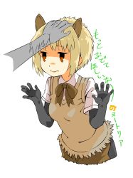 Rule 34 | 10s, 1girl, absurdres, animal ears, bow, bowtie, gloves, hand on another&#039;s head, highres, japari symbol, kemono friends, nutria (kemono friends), orange eyes, headpat, short hair, simple background, solo, solo focus, sunagawa383, upper body, white background