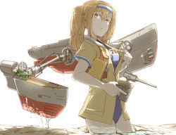 Rule 34 | 10s, 1girl, aircraft, airplane, bad id, bad pixiv id, brown eyes, brown hair, commentary request, deck gun, dripping, from side, gun, handgun, headband, holding, holding gun, holding weapon, i-26 (kancolle), in water, jacket, jacket over swimsuit, kantai collection, long hair, looking at viewer, looking to the side, m6a seiran, machinery, mecha musume, ninimo nimo, ponytail, rigging, school swimsuit, simple background, solo, standing, swimsuit, swimsuit under clothes, wading, weapon, white background