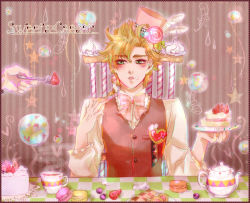 Rule 34 | 1boy, blonde hair, bow, caesar anthonio zeppeli, cake, cake slice, chair, checkerboard cookie, cookie, cup, doily, eating, facial mark, famichiki3, food, fork, fruit, green eyes, hat, heart, jojo no kimyou na bouken, lolita fashion, macaron, male focus, plate, sitting, solo, steam, strawberry, strawberry shortcake, sweet lolita, sweets, table, teacup, top hat, vest, waistcoat