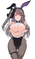 Rule 34 | 1girl, :d, absurdres, animal ear hairband, animal ears, arm support, arms under breasts, azur lane, bare shoulders, black leotard, blush, breast rest, breasts, breasts out, brown hair, commentary request, covered navel, hair ornament, hairclip, highres, large breasts, leotard, long hair, looking at viewer, mikuchi3939, no bra, open mouth, pamiat merkuria (azur lane), pantyhose, pink eyes, rabbit ear hairband, rabbit ears, side ponytail, smile, smug, solo, underboob, very long hair, wrist cuffs, x hair ornament