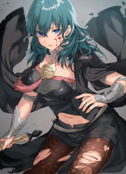 Rule 34 | 1girl, armor, black armor, black cape, black shirt, black shorts, blood, blood on face, blood on leg, blue eyes, blue hair, breasts, brown pantyhose, byleth (female) (fire emblem), byleth (fire emblem), cape, clothing cutout, commentary, cowboy shot, crop top, crossed bangs, emblem, fire emblem, fire emblem: three houses, grey background, groin, hair between eyes, haru (nakajou-28), highres, holding, holding sword, holding weapon, injury, large breasts, long hair, looking at viewer, lower teeth only, navel, navel cutout, nintendo, pantyhose, pantyhose under shorts, parted lips, patterned clothing, sheath, shirt, short shorts, short sleeves, shorts, shoulder armor, sidelocks, simple background, solo, standing, sword, sword of the creator, teeth, torn cape, torn clothes, torn pantyhose, vambraces, weapon
