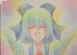 Rule 34 | 1girl, blue eyes, blue hair, bow, cirno, highres, ice, ice wings, matching hair/eyes, open mouth, painting (medium), solo, touhou, traditional media, watercolor (medium), wings, yuyu (00365676)