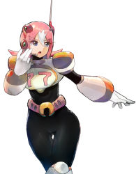 Rule 34 | android, armor, belt, bodysuit, breastplate, breasts, byte (grunty-hag1), gloves, headset, looking to the side, mega man (series), mega man x: command mission, mega man x (series), multicolored hair, nana (mega man x: command mission), open mouth, outstretched arms, pink hair, shoulder pads, two-tone hair, white gloves