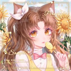 Rule 34 | 1girl, animal ear fluff, animal ears, artist name, blue sky, bow, bowtie, brown hair, bug, butterfly, buttons, candy, chinese commentary, closed mouth, cloud, commentary request, day, english text, eyelashes, fingernails, flower, food, hair bow, highres, holding, holding candy, holding food, holding lollipop, insect, light blush, light smile, lipstick, lollipop, long hair, long sleeves, looking at viewer, makeup, mubai jiang, orange bow, original, outdoors, pink bow, pink bowtie, pink lips, sample watermark, shirt, sky, solo, sparkle, sparkling eyes, sunflower, swirl lollipop, traditional bowtie, turtleneck shirt, two side up, upper body, v-neck, vest, watermark, weibo logo, weibo username, white bow, white shirt, white sleeves, wolf ears, yellow eyes, yellow flower, yellow vest