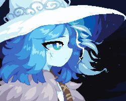 Rule 34 | 1girl, blue eyes, blue hair, blue skin, cloak, closed mouth, colored skin, cracked skin, elden ring, extra faces, fur cloak, hat, light frown, minimilieu, night, open mouth, pixel art, portrait, ranni the witch, short hair, sky, smile, solo, star (sky), starry sky, white hat, witch hat
