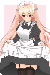 Rule 34 | 1girl, alternate costume, apron, black dress, black thighhighs, breasts, brown eyes, commentary, dress, enmaided, frilled apron, frills, garter straps, highres, holding, holding clothes, holding skirt, johnston (kancolle), kantai collection, light brown hair, long hair, maid, maid apron, maid headdress, medium breasts, mochizou, skirt, solo, thighhighs, two side up, waist apron, white apron