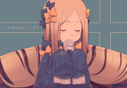 Rule 34 | abigail williams (fate), absurdres, black bow, black dress, blonde hair, bow, breasts, closed eyes, daisi gi, doll, dress, fate/grand order, fate (series), forehead, hair bow, highres, holding, holding toy, lavinia whateley (fate), long hair, multiple hair bows, orange bow, parted bangs, polka dot, polka dot bow, ribbed dress, sleeves past fingers, sleeves past wrists, small breasts, solo, toy, translation request
