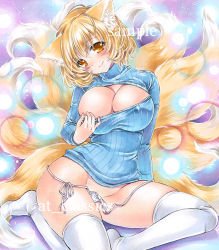 Rule 34 | 1girl, alternate costume, animal ears, artist name, at classics, blonde hair, blush, breasts, cleavage, clothes tug, covered erect nipples, feet, female focus, fox ears, fox tail, groin, head tilt, hip focus, large breasts, legs, light particles, meme attire, multiple tails, no headwear, no shoes, open-chest sweater, panties, sample watermark, shirt, short hair, side-tie panties, sitting, skindentation, smile, solo, string panties, sweater, sweater tug, tail, taut clothes, taut shirt, thighhighs, touhou, traditional media, turtleneck, underwear, untied panties, watermark, white thighhighs, yakumo ran, yellow eyes