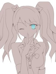 Rule 34 | 10s, 1girl, bear hair ornament, blue eyes, bow, breasts, cleavage, danganronpa (series), danganronpa: trigger happy havoc, enoshima junko, finger to mouth, hair ornament, kashiwa kiseri, monochrome, necktie, one eye closed, sleeves rolled up, spoilers, spot color, twintails, wink