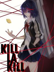 Rule 34 | 1girl, black hair, blue eyes, blue skirt, collared shirt, commentary request, copyright name, cowboy shot, food, fruit, highres, houraisan chouko, jacket, kill la kill, lemon, looking at viewer, matoi ryuuko, miniskirt, multicolored hair, parted lips, pleated skirt, red hair, red neckwear, red ribbon, ribbon, shirt, short hair, skirt, solo, streaked hair, thighs, white shirt