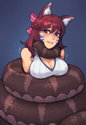 Rule 34 | 1girl, animal ears, bare shoulders, blue eyes, blush, bow, breasts, brown hair, cleavage, constriction, facial mark, fox ears, hair bow, highres, large breasts, long hair, original, pink bow, snake, sneakveek, solo, striped, striped bow, teeth, whisker markings