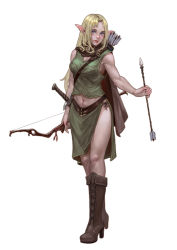 Rule 34 | 1girl, absurdres, arrow (projectile), blonde hair, blue eyes, boots, bow (weapon), breasts, brown cape, brown footwear, cape, cross-laced footwear, elf, full body, glint, green shirt, highres, holding, holding bow (weapon), holding weapon, knee boots, lipstick, long hair, looking at viewer, makeup, medium breasts, navel, original, pointy ears, quiver, sheath, sheathed, shirt, simple background, sleeveless, solo, standing, sword, thighhighs, very long hair, weapon, white background, xue qi ye (dndtmbdue)