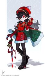 Rule 34 | 1boy, amamiya ren, black footwear, black hair, black pantyhose, boots, box, btmr game, candy, candy cane, christmas, crossdressing, cuffs, food, full body, fur trim, gift, gift box, gloves, hair between eyes, handcuffs, hat, high heel boots, high heels, highres, holding, holding gift, jacket, long hair, looking at viewer, male focus, pantyhose, persona, persona 5, persona 5: dancing star night, persona dancing, pom pom (clothes), red eyes, red gloves, red jacket, red skirt, signature, simple background, skirt, solo, standing, trap, twitter username