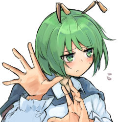 Rule 34 | 1girl, androgynous, antennae, blush, cape, closed mouth, collared shirt, commentary request, expressionless, eyes visible through hair, flying sweatdrops, ginnkei, green eyes, green hair, long sleeves, looking to the side, red cape, shirt, short hair, simple background, solo, touhou, upper body, white background, white shirt, wriggle nightbug