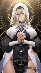 Rule 34 | 1girl, absurdres, adapted costume, aponia (honkai impact), black choker, black sleeves, blonde hair, blue eyes, breast curtains, breasts, check commentary, choker, collarbone, commentary request, cowboy shot, groin, hair between eyes, highres, honkai (series), honkai impact 3rd, huge breasts, lace, lace choker, looking at viewer, medium hair, mole, mole under eye, nun, own hands clasped, own hands together, paid reward available, pelvic curtain, skindentation, smile, solo, thigh strap, white sleeves, white veil, yumeto (ym-1)