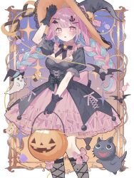 Rule 34 | 1girl, black gloves, blue hair, bow, braid, breasts, cat, dress, food, ghost, gloves, hair ornament, halloween, hat, highres, hololive, long hair, looking at viewer, minato aqua, multicolored hair, pink hair, puffy short sleeves, puffy sleeves, short sleeves, twin braids, virtual youtuber, witch hat, yuzuriha (nx e78)