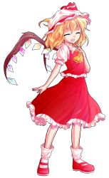 Rule 34 | 1girl, ^ ^, alphes (style), ascot, blonde hair, dairi, closed eyes, flandre scarlet, full body, happy, hat, hat ribbon, mob cap, open mouth, parody, puffy sleeves, red footwear, ribbon, shirt, shoes, short sleeves, skirt, skirt set, smile, solo, style parody, touhou, transparent background, vest, wings