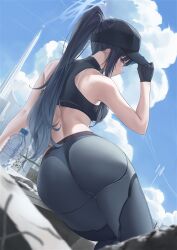 Rule 34 | 1girl, ass, bare arms, bare shoulders, black gloves, black hair, black hat, black leggings, black sports bra, blue archive, blue eyes, breasts, cloud, comiket 102, commentary request, from behind, glance, gloves, hat, leggings, long hair, looking at viewer, looking back, median furrow, medium breasts, ponytail, saori (blue archive), solo, sports bra, straight hair, thighs, very long hair, yabacha