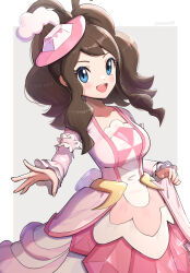 Rule 34 | 1girl, absurdres, blue eyes, breasts, brown hair, clothes lift, creatures (company), curly hair, dress, frilled sleeves, frills, game freak, gonzarez, highres, hilda (pokemon), hilda (special costume) (pokemon), long hair, long sleeves, medium breasts, nintendo, official alternate costume, open mouth, pink dress, pink skirt, pokemon, pokemon masters ex, sidelocks, skirt, skirt hold, smile, solo, teeth, upper body, upper teeth only, white headwear