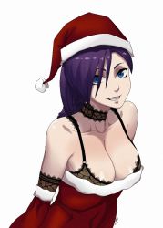 Rule 34 | 1girl, blue eyes, breasts, choker, christmas, cleavage, elbow gloves, gloves, hat, large breasts, purple hair, santa hat, seductive smile, smile, solo, zone-tan